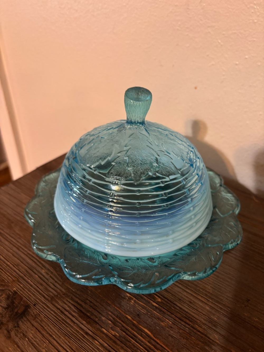 Blue Frosted Leaf and Basket Weave Butter Dish with Lid